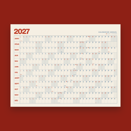 Calendrier mural 2027 Rétro, grand format 36 × 48 po