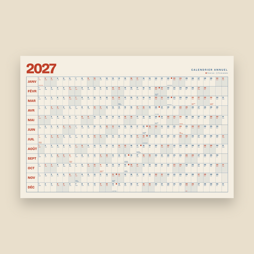 Calendrier mural 2027 Rétro, format 24 × 36 po